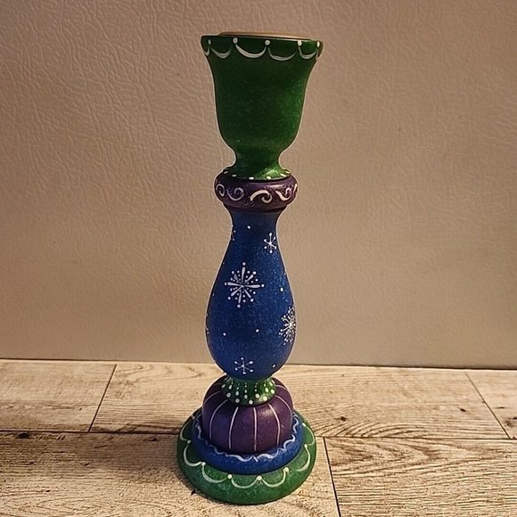 7" Colorful Wooden Candle Holder Snowflakes Purple Blue Hand Painted Made/USA - Picture 7 of 10